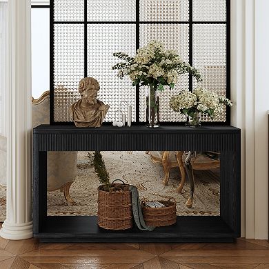 Fluted Console Table With Dual Drawer Storage Wood Veneer Material For Home Office And Living Space
