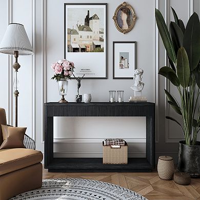 Fluted Console Table With Dual Drawer Storage Wood Veneer Material For Home Office And Living Space