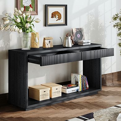 Fluted Console Table With Dual Drawer Storage Wood Veneer Material For Home Office And Living Space