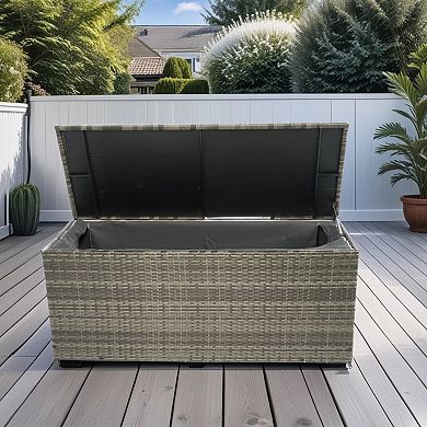 Wicker Patio Storage Box With Protective Lid Breathable Weave Build For Outdoor Towel Storage