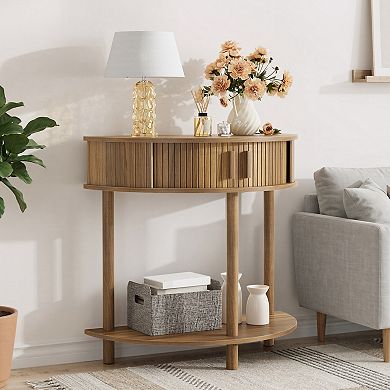 Half Moon Console Table With Grooved Panel Narrow Frame Build For Foyer Hallway And Sofa Side