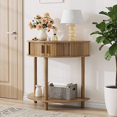 Half Moon Console Table With Grooved Panel Narrow Frame Build For Foyer Hallway And Sofa Side
