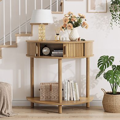Half Moon Console Table With Grooved Panel Narrow Frame Build For Foyer Hallway And Sofa Side