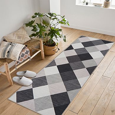 Machine Washable Plaid Checkered Design Non-Slip Rubberback Runner Rug
