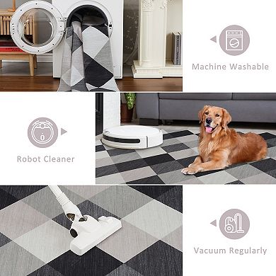 Machine Washable Plaid Checkered Design Non-Slip Rubberback Runner Rug