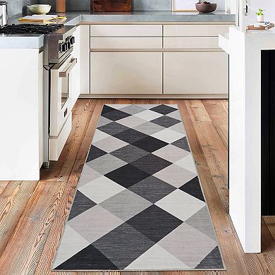 Machine Washable Plaid Checkered Design Non-Slip Rubberback Runner Rug