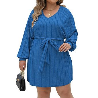 Women's Plus Size Long Lantern Sleeve Bodycon V Neck Tie Waist Rib Knitted Knit Dress