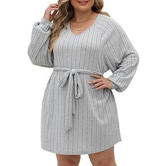 Women's Plus Size Long Lantern Sleeve Bodycon V Neck Tie Waist Rib Knitted Knit Dress
