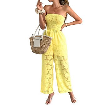 Women's Strapless Tube Top Rompers Casual Off Shoulder Sleeveless Belted Wide Leg Jumpsuit