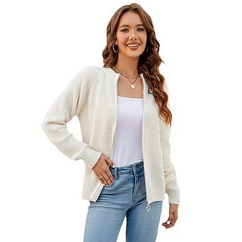 Women's Zip Up Oversized Long Sleeve Casual Solid Mesh Knit Cardigan