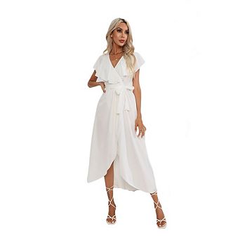 Women's Cross Casual Boho Deep V Neck Cap Sleeve Ruffle Hem Split Beach Dresses
