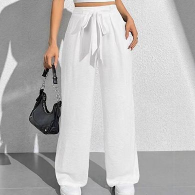 Women's Elastic Waist Belted Casual Tie Front Wide Leg Pants