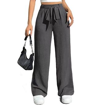 Women's Elastic Waist Belted Casual Tie Front Wide Leg Pants