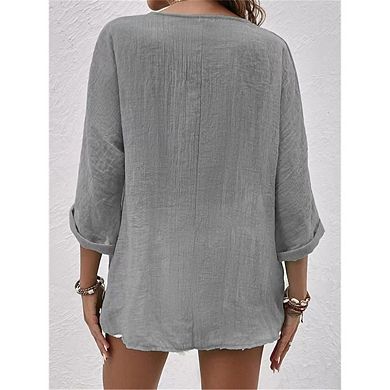 Women's 3/4 Sleeve V Neck Tunic Tops Loose Fit Button Shirt Blouse