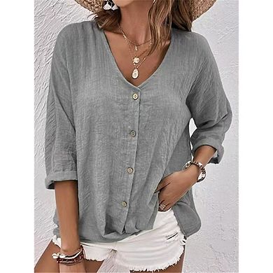 Women's 3/4 Sleeve V Neck Tunic Tops Loose Fit Button Shirt Blouse