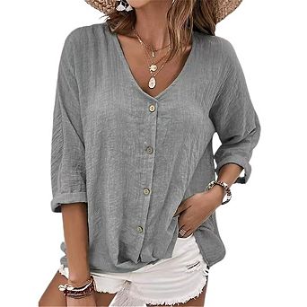 Women's 3/4 Sleeve V Neck Tunic Tops Loose Fit Button Shirt Blouse