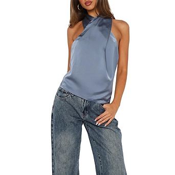 Women Satin Halter Criss Cross Neck Sleeveless Backless Going Out Blouse