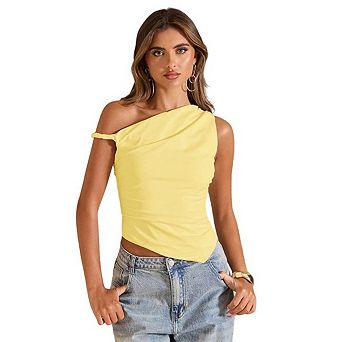 Women's Off The Shoulder Vacation Going Out Outfits Cute Ruched Asymmetrical Crop Tank Tops