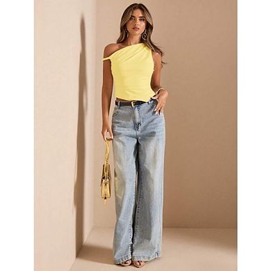 Women's Off The Shoulder Vacation Going Out Outfits Cute Ruched Asymmetrical Crop Tank Tops