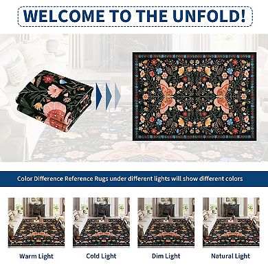 Washable Collapsible Area Rug - Polyester Pearl Suede-like, Country-Style Butterfly Design