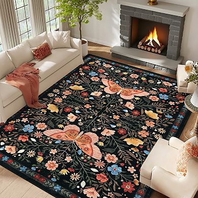 Washable Collapsible Area Rug - Polyester Pearl Suede-like, Country-Style Butterfly Design