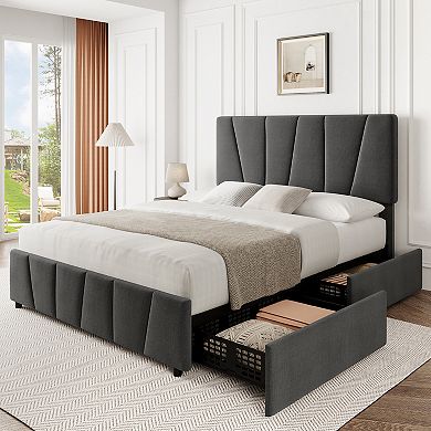 Storage Bed Frame with Drawers, Upholstered Platform Bed with Adjustable Headboard