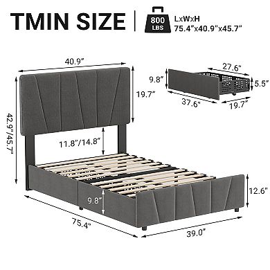 Storage Bed Frame with Drawers, Upholstered Platform Bed with Adjustable Headboard