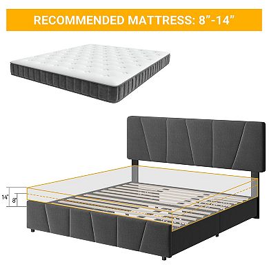 Storage Bed Frame with Drawers, Upholstered Platform Bed with Adjustable Headboard