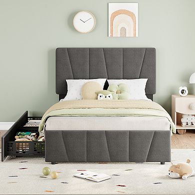 Storage Bed Frame with Drawers, Upholstered Platform Bed with Adjustable Headboard