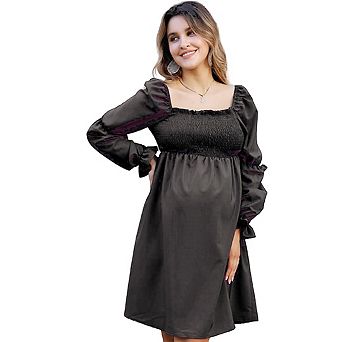 Women's Elegant Square Neck Puff Sleeve Maternity Mini Dress Casual Soft Pregnancy Short Dress