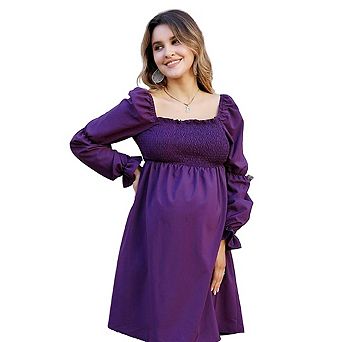Women's Elegant Square Neck Puff Sleeve Maternity Mini Dress Casual Soft Pregnancy Short Dress