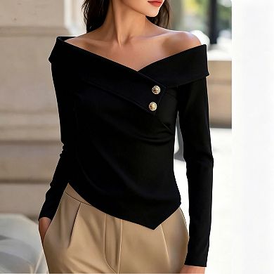 Women's Off-Shoulder Long Sleeve Knit Top, Asymmetrical Hem with Decorative Buttons