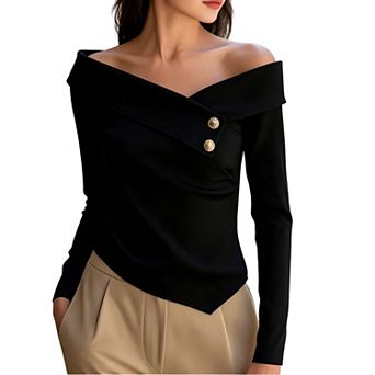 Women's Off-Shoulder Long Sleeve Knit Top, Asymmetrical Hem with Decorative Buttons