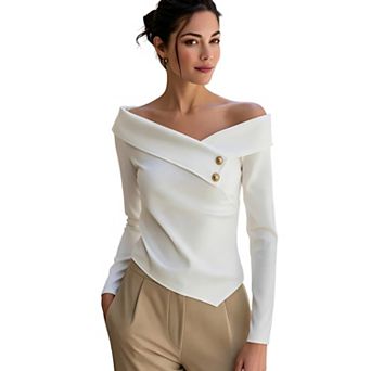 Women's Off-Shoulder Long Sleeve Knit Top, Asymmetrical Hem with Decorative Buttons