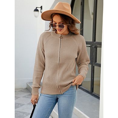 Women's Waffle Knit Zip-Up Cardigan, Long Sleeve Casual Sweater Jacket
