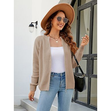 Women's Waffle Knit Zip-Up Cardigan, Long Sleeve Casual Sweater Jacket
