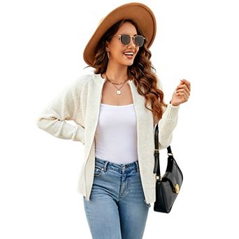Women's Waffle Knit Zip-Up Cardigan, Long Sleeve Casual Sweater Jacket