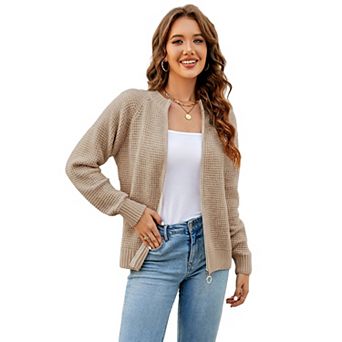 Women's Waffle Knit Zip-Up Cardigan, Long Sleeve Casual Sweater Jacket