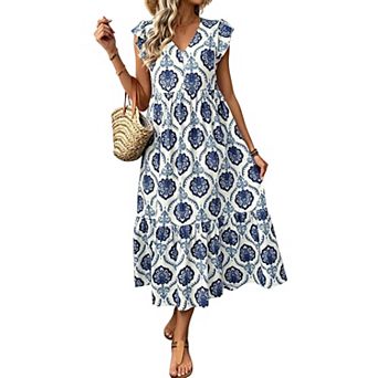 Women’s V Neck Printed Ruffle Sleeve Midi Dress Casual Loose Fit Tiered Dress