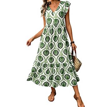 Women’s V Neck Printed Ruffle Sleeve Midi Dress Casual Loose Fit Tiered Dress