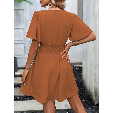 Women’s Ruffle Sleeve V Neck Mini Dress Short Sleeve Solid Color Casual Flowy Dress