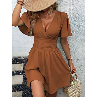 Women’s Ruffle Sleeve V Neck Mini Dress Short Sleeve Solid Color Casual Flowy Dress