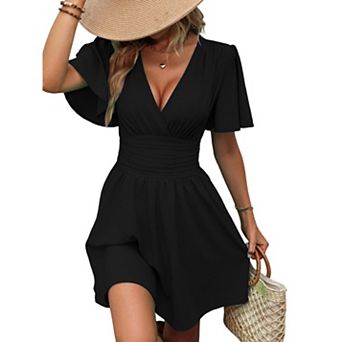 Women’s Ruffle Sleeve V Neck Mini Dress Short Sleeve Solid Color Casual Flowy Dress