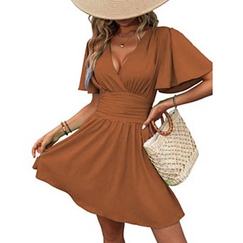 Women’s Ruffle Sleeve V Neck Mini Dress Short Sleeve Solid Color Casual Flowy Dress