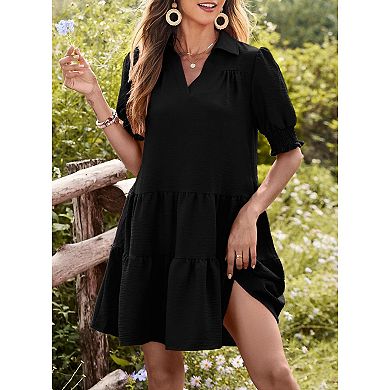 Women's Collared Tiered Mini Dress, Smocked Short Sleeve Casual Shift Dress