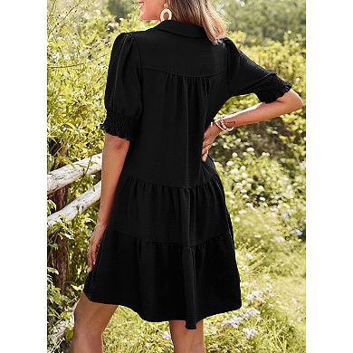 Women's Collared Tiered Mini Dress, Smocked Short Sleeve Casual Shift Dress