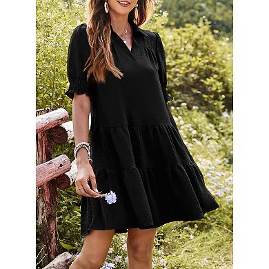 Women's Collared Tiered Mini Dress, Smocked Short Sleeve Casual Shift Dress