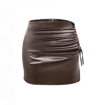 Women's Ruched Bodycon Mini Leather Skirts Side Drawstring Work Pencil Skirt with Back Zipper