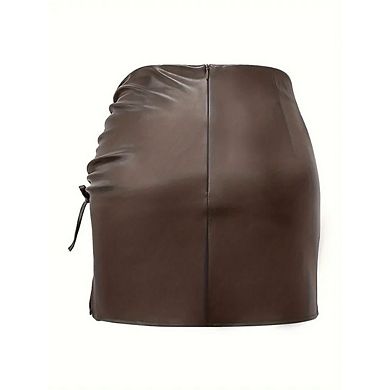 Women's Ruched Bodycon Mini Leather Skirts Side Drawstring Work Pencil Skirt with Back Zipper