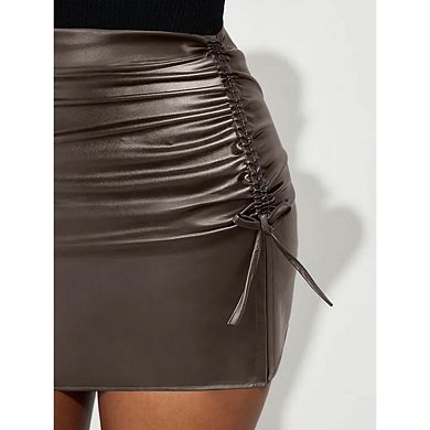 Women's Ruched Bodycon Mini Leather Skirts Side Drawstring Work Pencil Skirt with Back Zipper